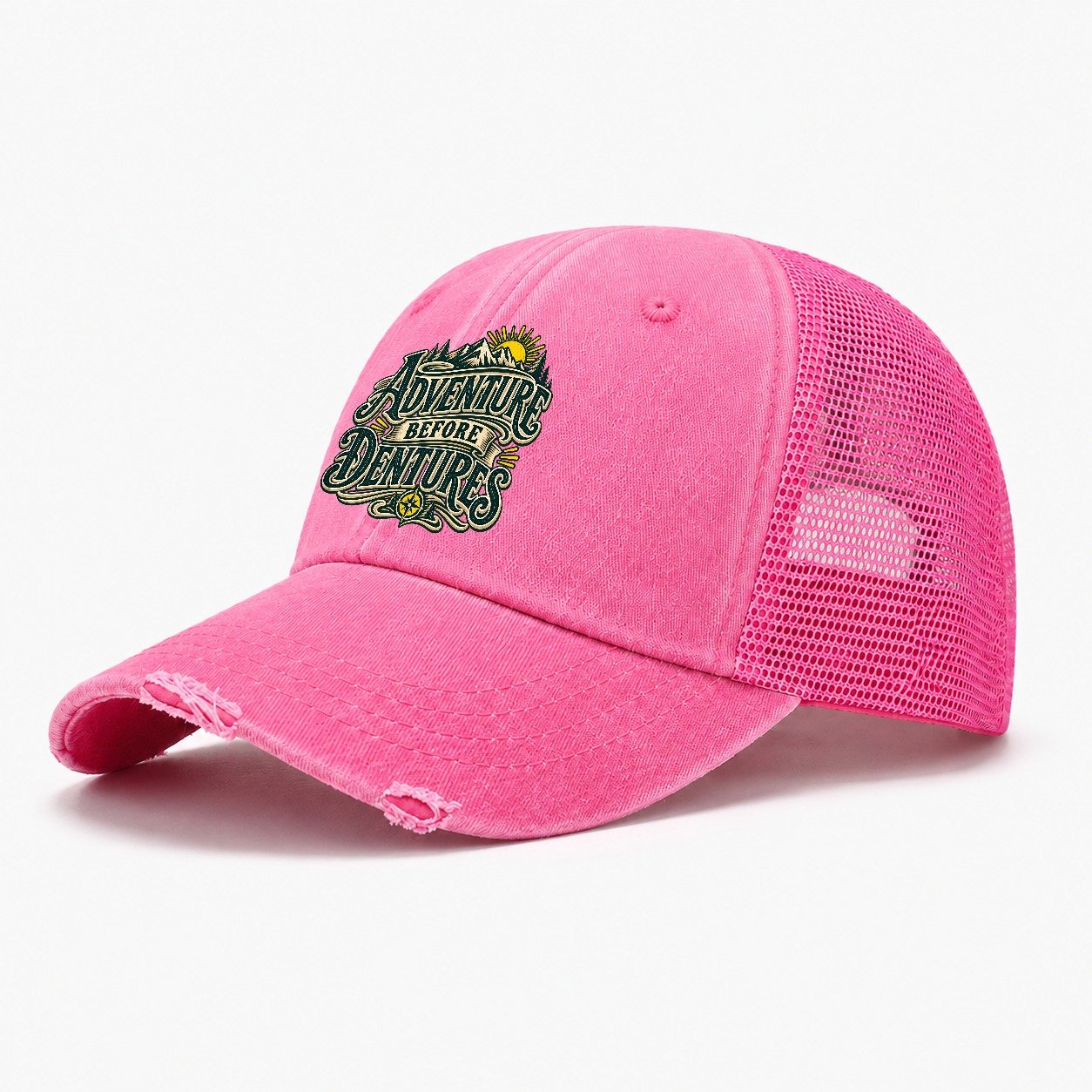 Adventure Before Dentures Retired Living Washed Trucker Hat – Rose