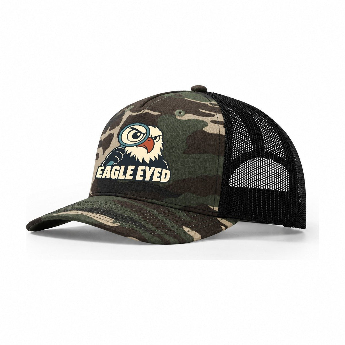Eagle Eyed Familiar Punchlines Trucker Hat – Woodland Camo Black