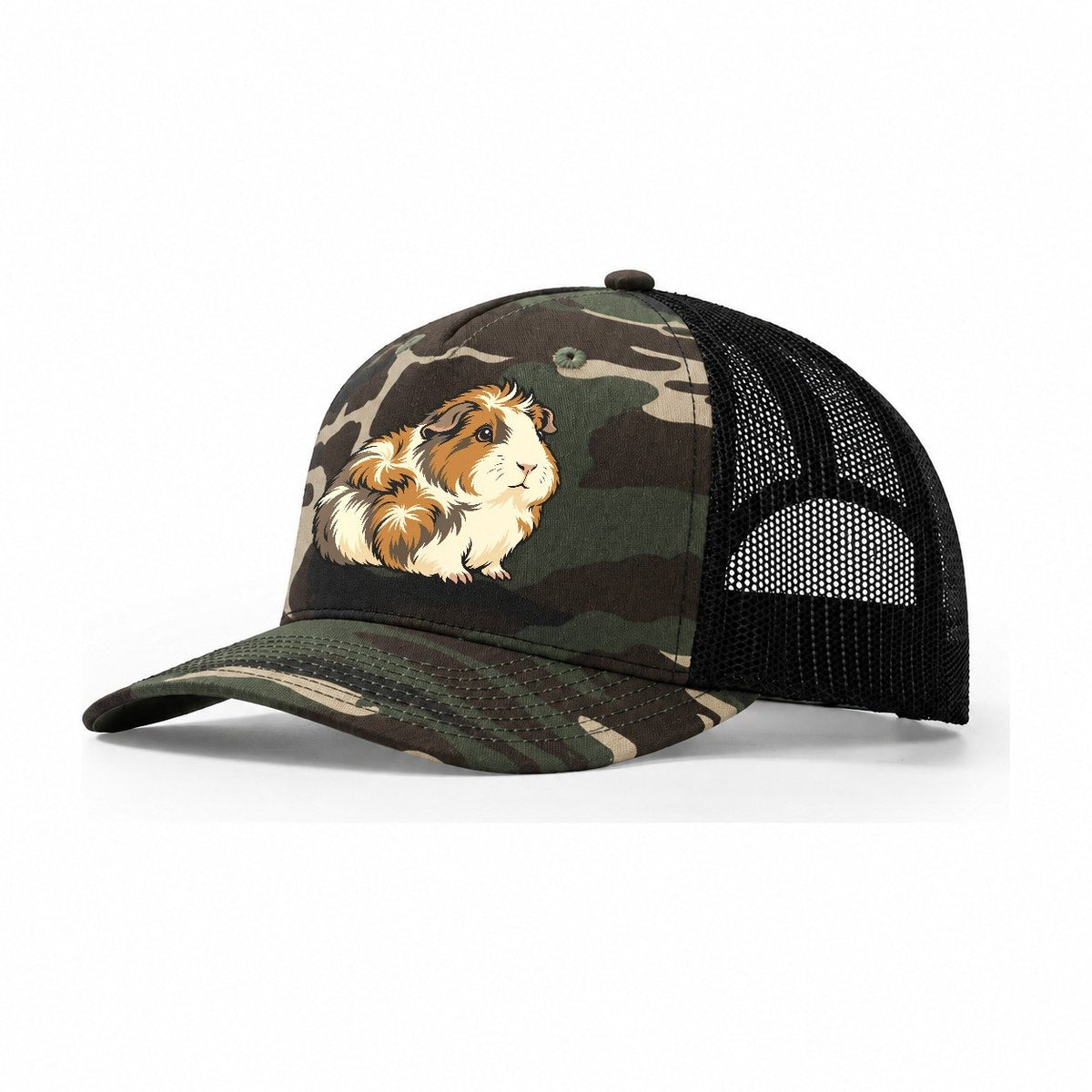 Guinea Pig Rosette Crown Small Pet Logos Trucker Hat – Woodland Camo Black