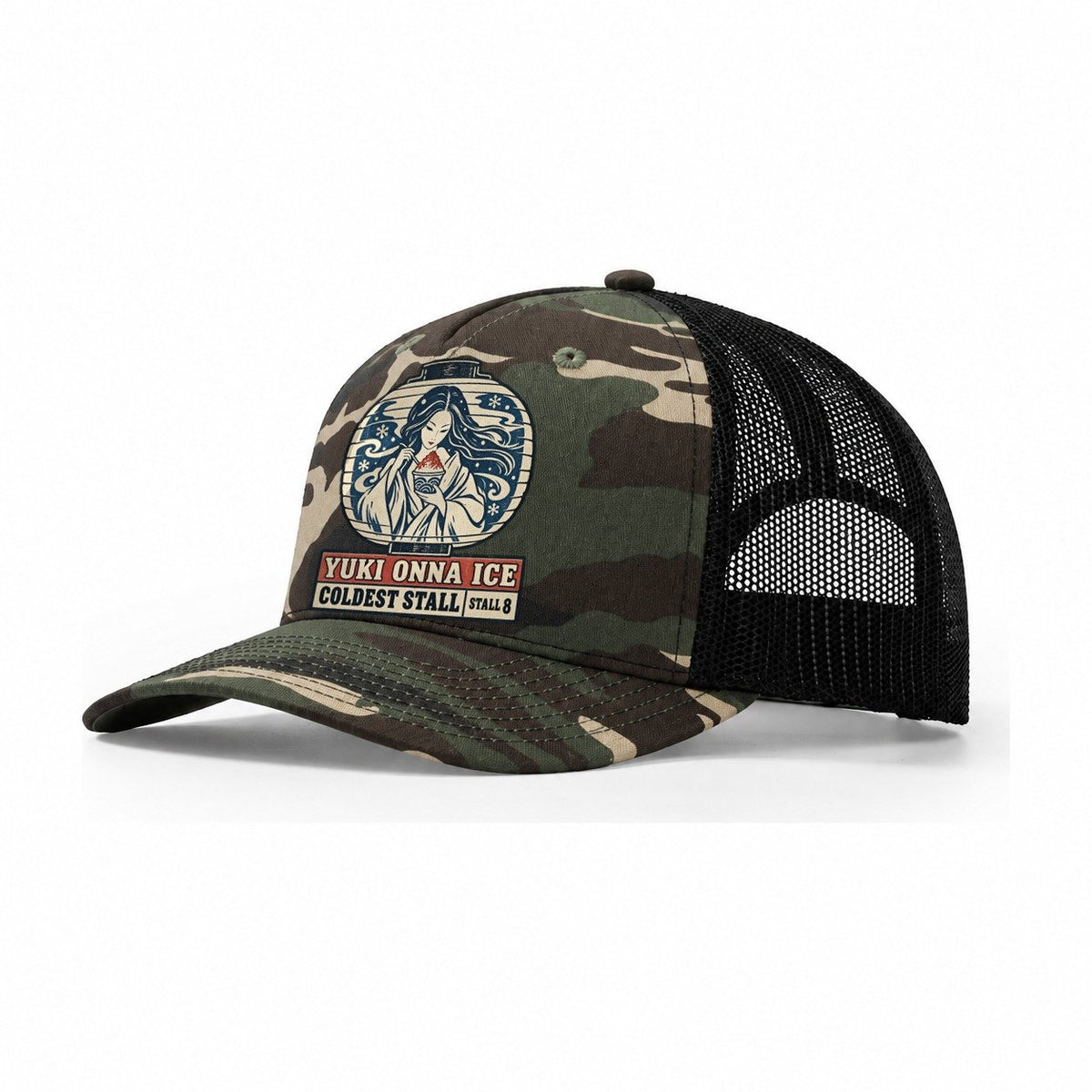 Yuki Onna Ice Yokai Night Market Trucker Hat – Woodland Camo Black
