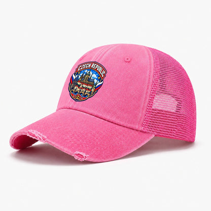 Czech Republic Retro Badge Country Logos Washed Trucker Hat – Rose