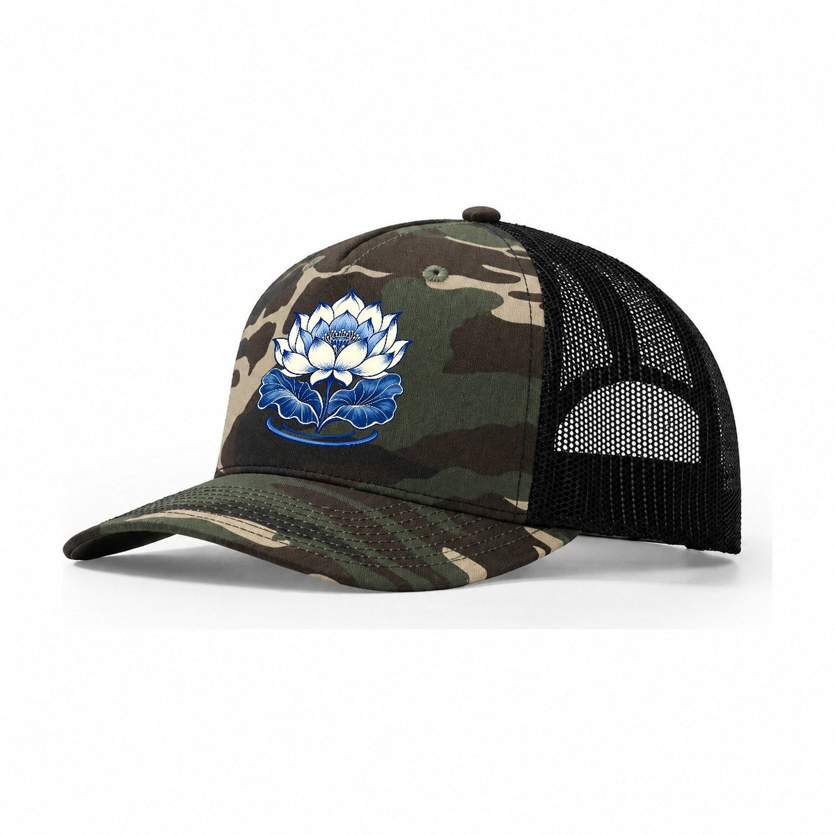 Lotus In Blue Quiet Wards Heritage Trucker Hat – Woodland Camo Black