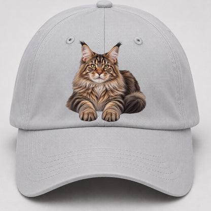 Maine Coon Reclining Paws Forward Realistic Cat Portrait Baseball Cap – Light Gray
