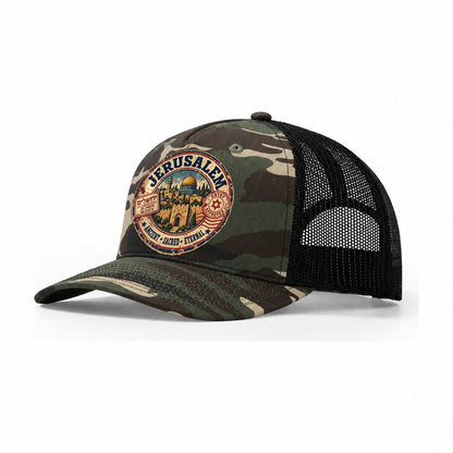 Jerusalem Passport Cachet Jerusalem Trucker Hat – Woodland Camo Black