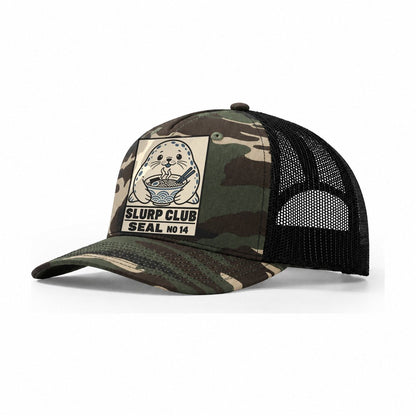 Seal Seafood Slurp Club Trucker Hat – Woodland Camo Black