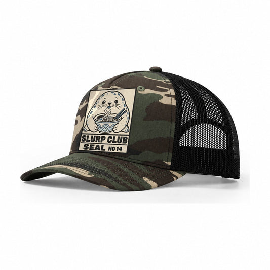 Seal Seafood Slurp Club Trucker Hat – Woodland Camo Black