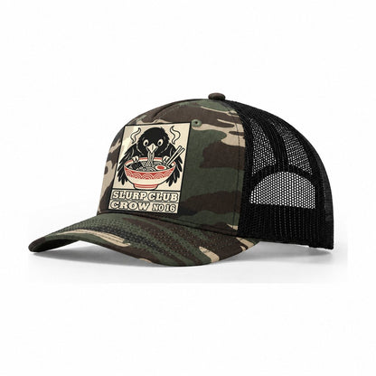 Crow Leftovers Slurp Club Trucker Hat – Woodland Camo Black
