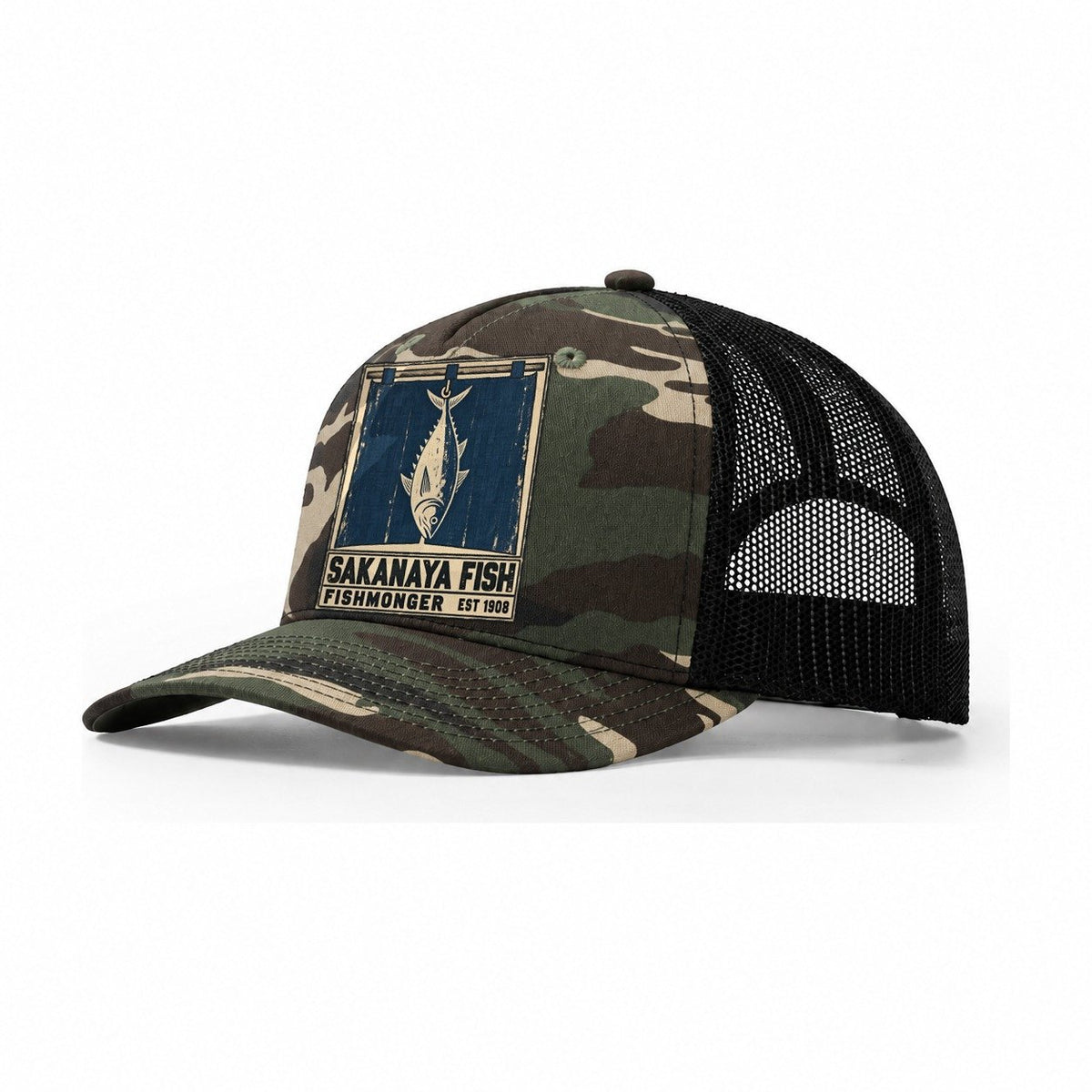 Sakanaya Fish Market Noren Trade Co Trucker Hat – Woodland Camo Black