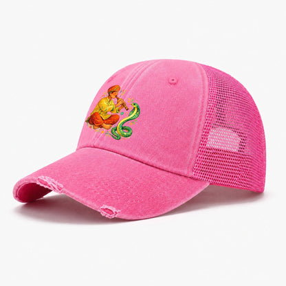 Snake Charmer Playing Flute Washed Trucker Hat – Rose