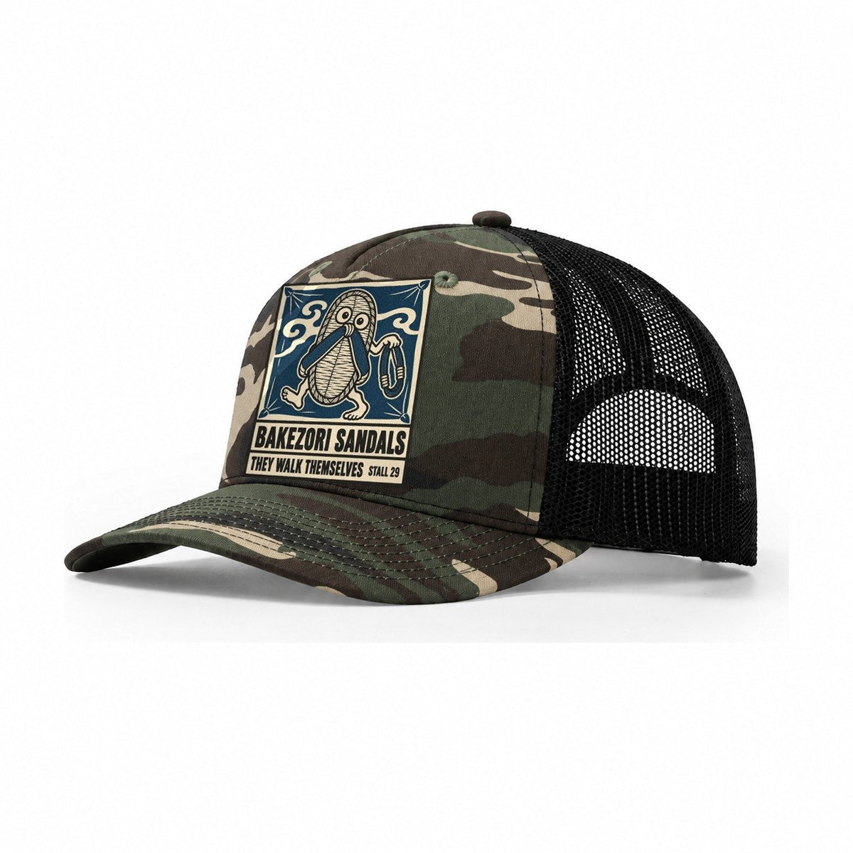 Bakezori Sandals Yokai Night Market Trucker Hat – Woodland Camo Black