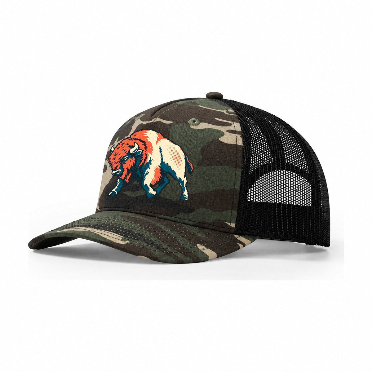 Bison Headwind Trucker Hat – Woodland Camo Black