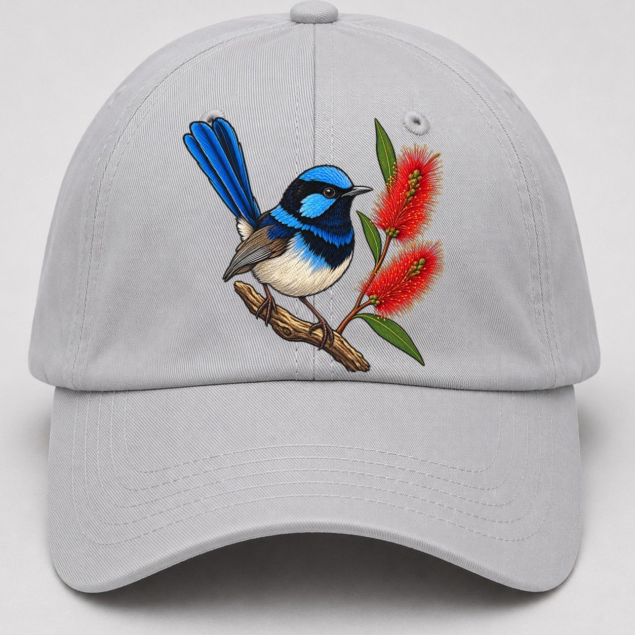 Superb Fairywren And Bottlebrush Australia Cultural Icons Baseball Cap – Light Gray