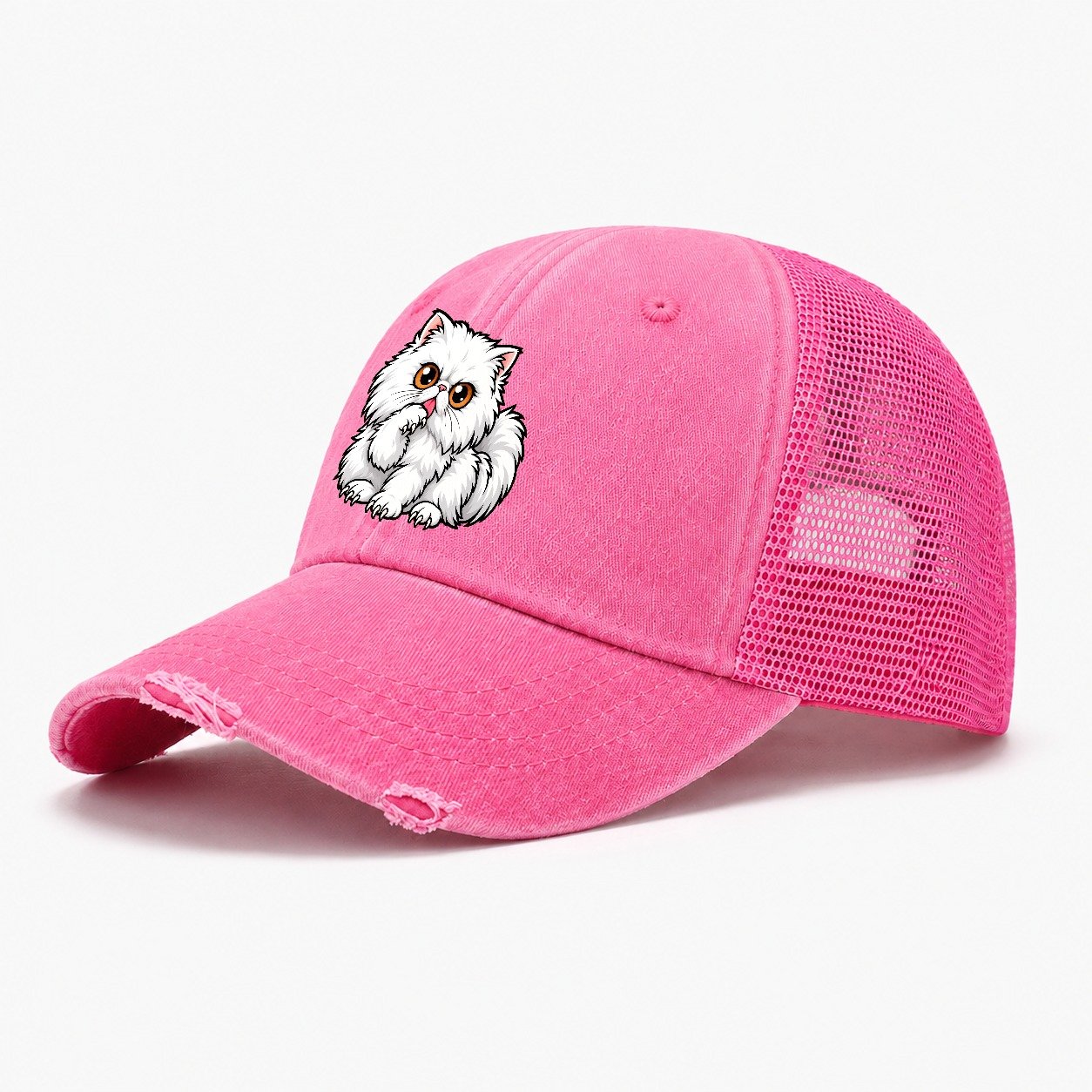 White Persian Grooming Peeking Cats Washed Trucker Hat – Rose