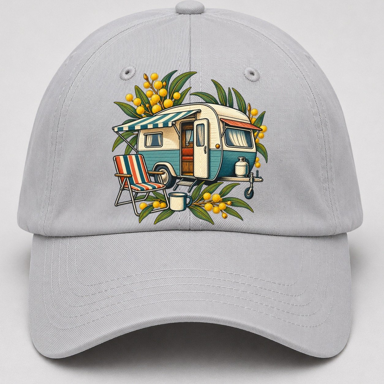 Retro Caravan Folding Chair And Enamel Mug Australia Cultural Icons Baseball Cap – Light Gray