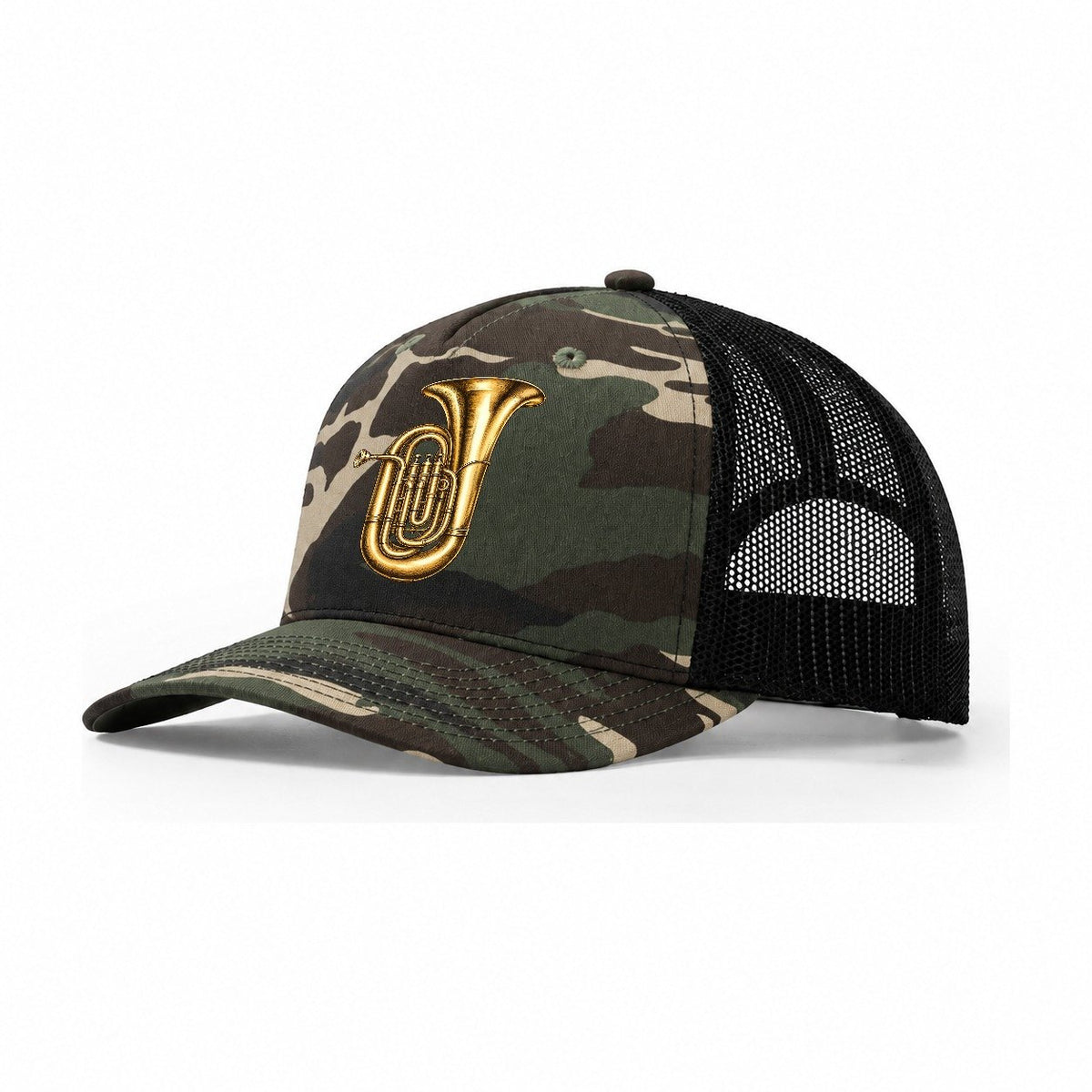 Tuba Warm Brass Curl Pastimes Companions Trucker Hat – Woodland Camo Black