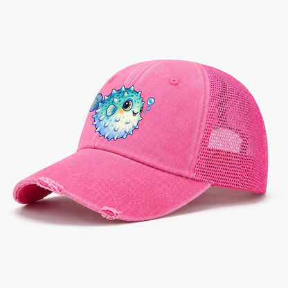 Pufferfish Side Puff Sea Sprite Washed Trucker Hat – Rose
