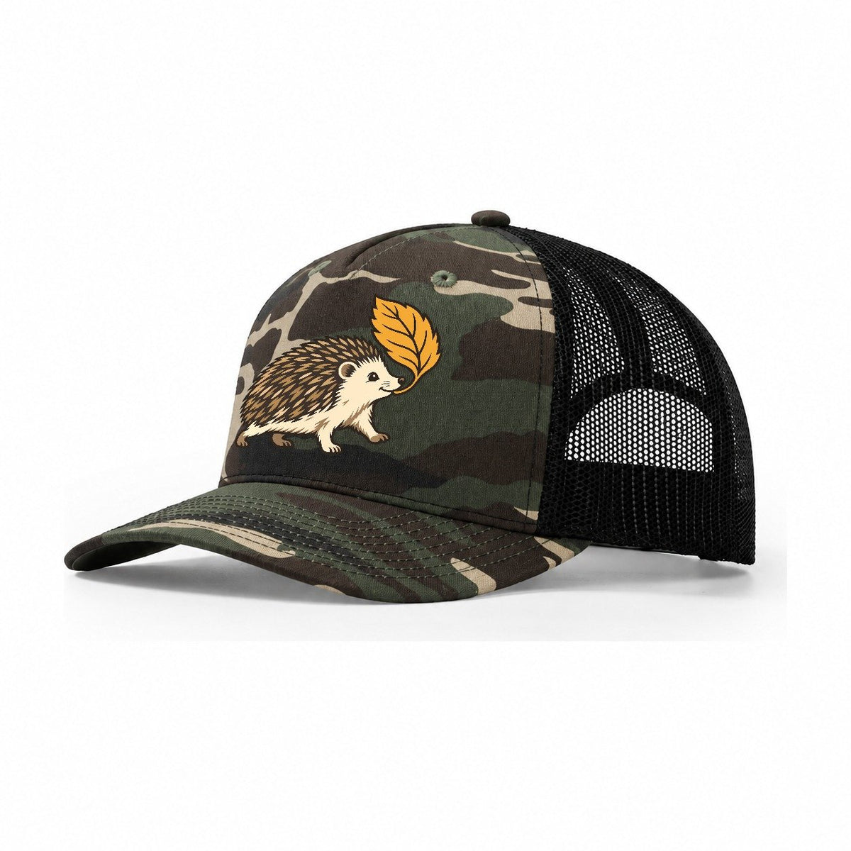 Hedgehog Leaf Carry Small Pet Logos Trucker Hat – Woodland Camo Black