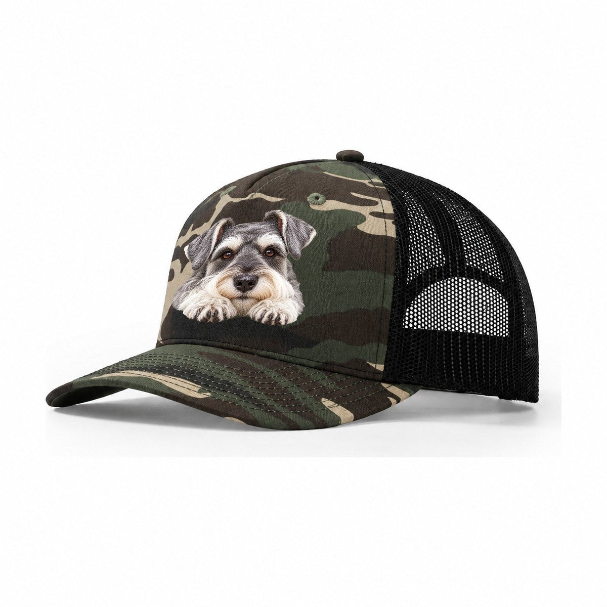 Schnauzer Chin On Paws Character Club Trucker Hat – Woodland Camo Black