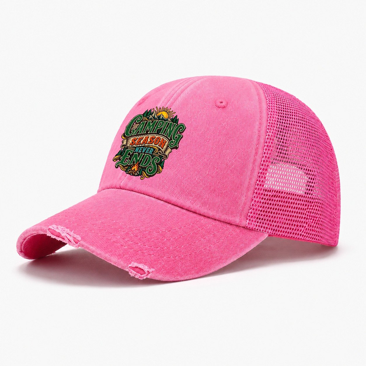 Camping Season Never Ends Retired Living Washed Trucker Hat – Rose