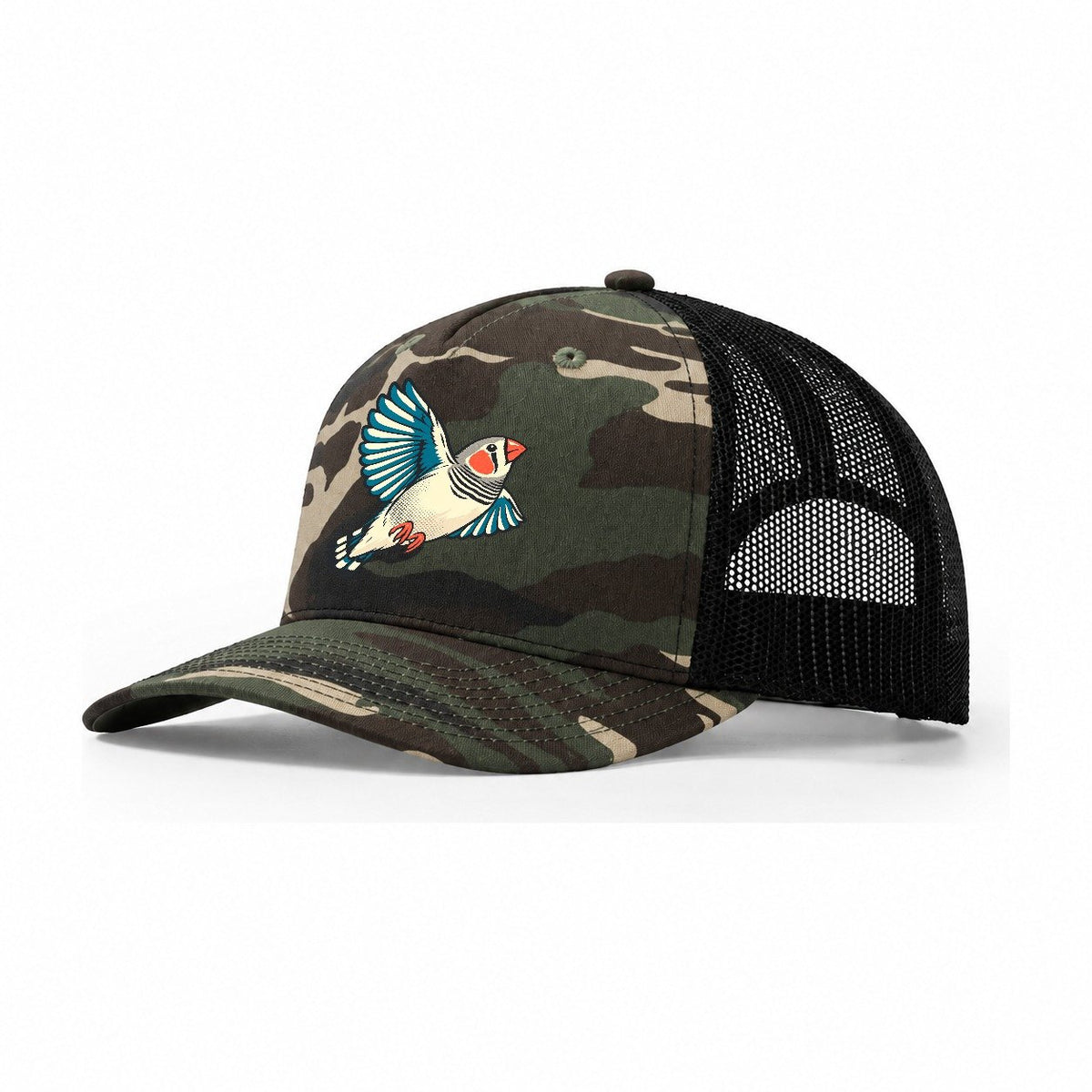 Zebra Finch Flash Trucker Hat – Woodland Camo Black