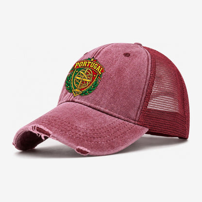 Portugal Retro Badge Country Logos Washed Trucker Hat – Wine Red