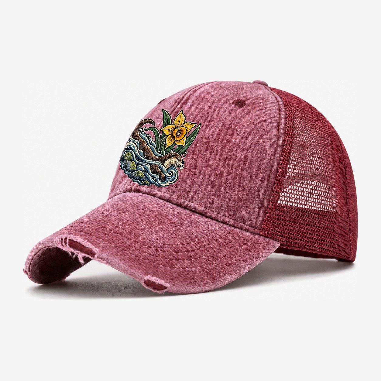 Welsh Otter And Daffodil Stream Uk Culture Heritage Washed Trucker Hat – Wine Red