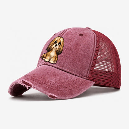 Lhasa Apso Sitting Sweetheart Washed Trucker Hat – Wine Red