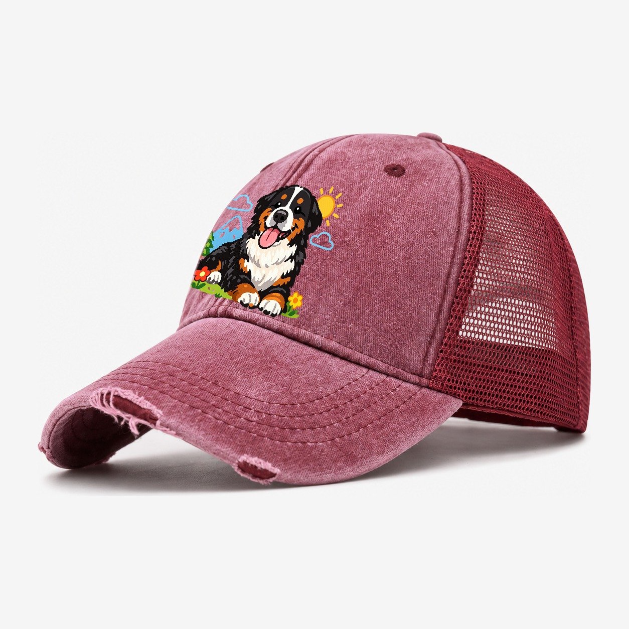 Bernese Mountain Dog Washed Trucker Hat – Wine Red