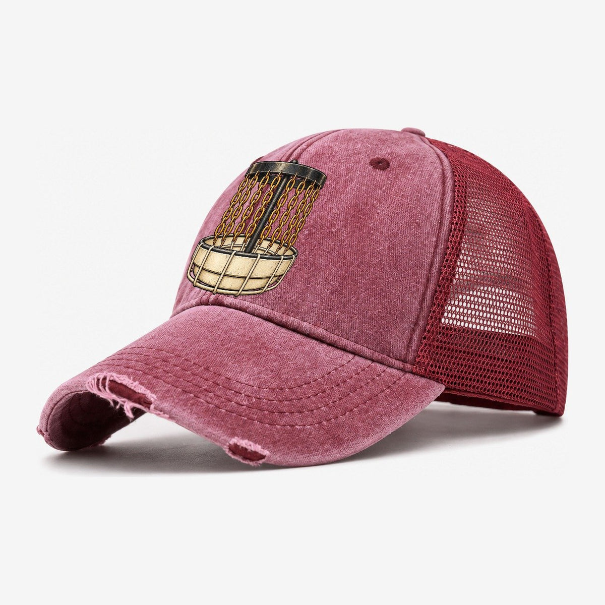 Chain Basket Disc Golf Washed Trucker Hat – Wine Red