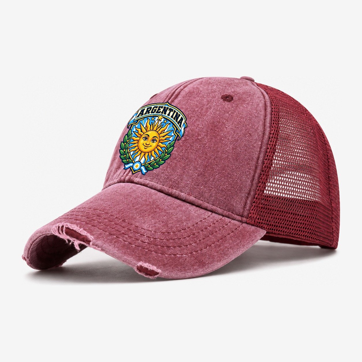Argentina Retro Badge Country Logos Washed Trucker Hat – Wine Red