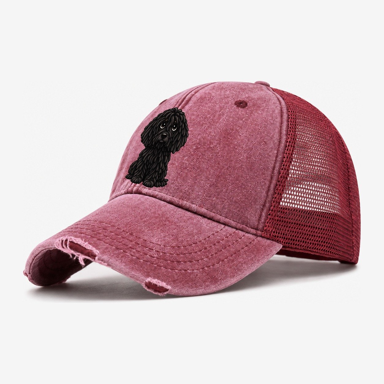 Puli Sitting Sweetheart Washed Trucker Hat – Wine Red