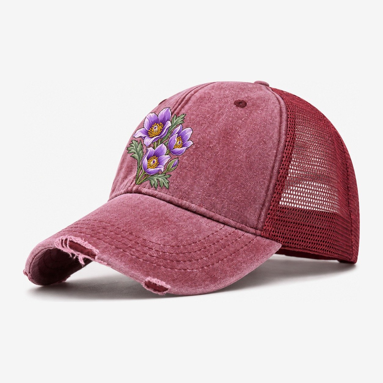 Manitoba Prairie Crocus Cluster Canada Cultural Icons Washed Trucker Hat – Wine Red