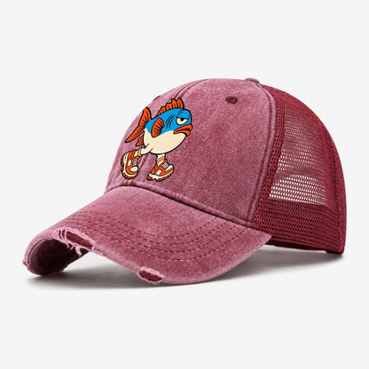 Fish With Legs Crazy Styles Washed Trucker Hat – Wine Red