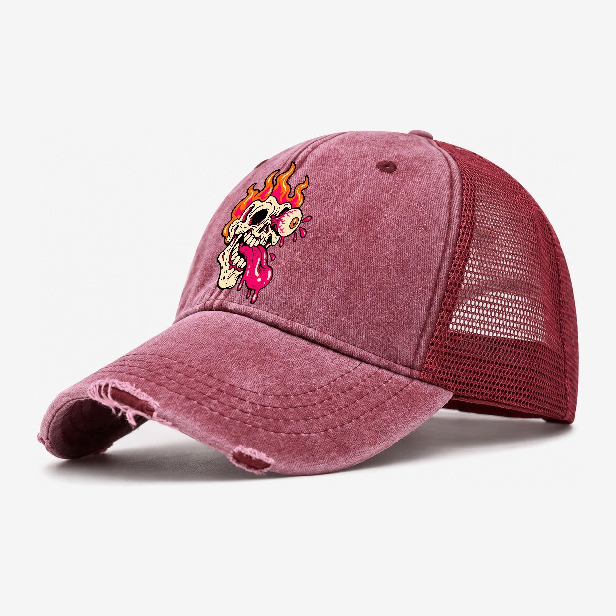 Flame Skull Tongue Crazy Styles Washed Trucker Hat – Wine Red