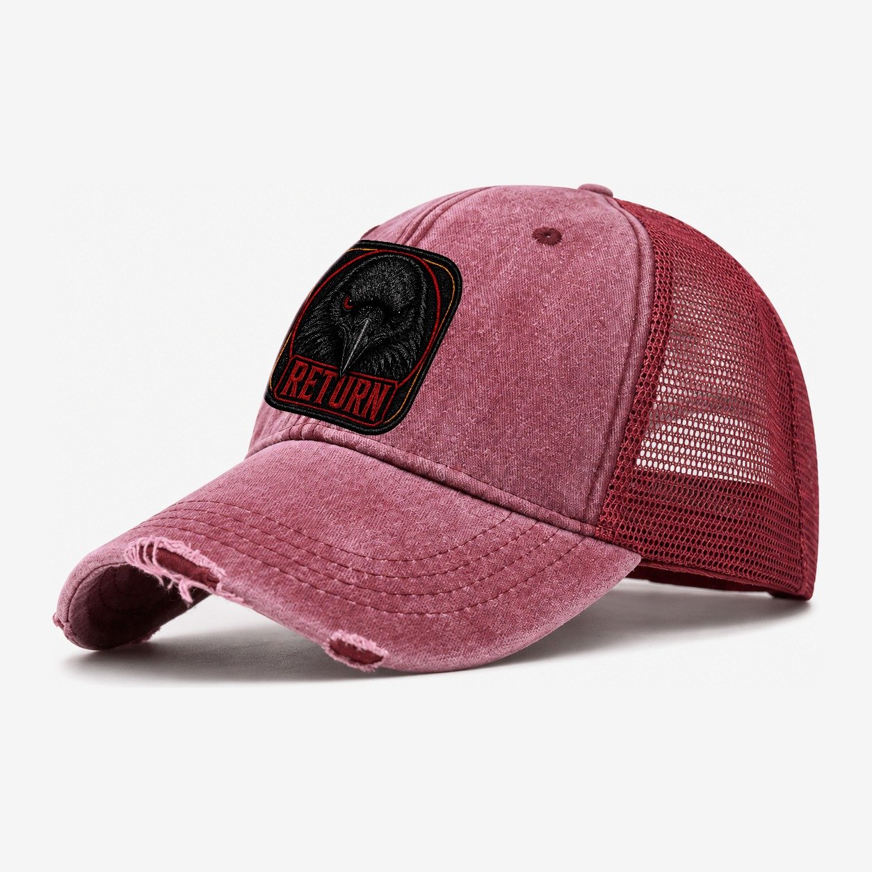 Raven Return Badge Washed Trucker Hat – Wine Red