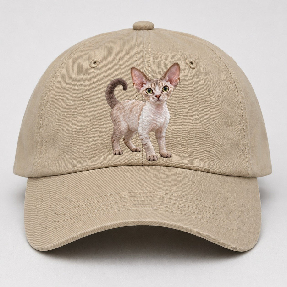 Devon Rex Standing Three Quarter Realistic Cat Portrait Baseball Cap – Khaki