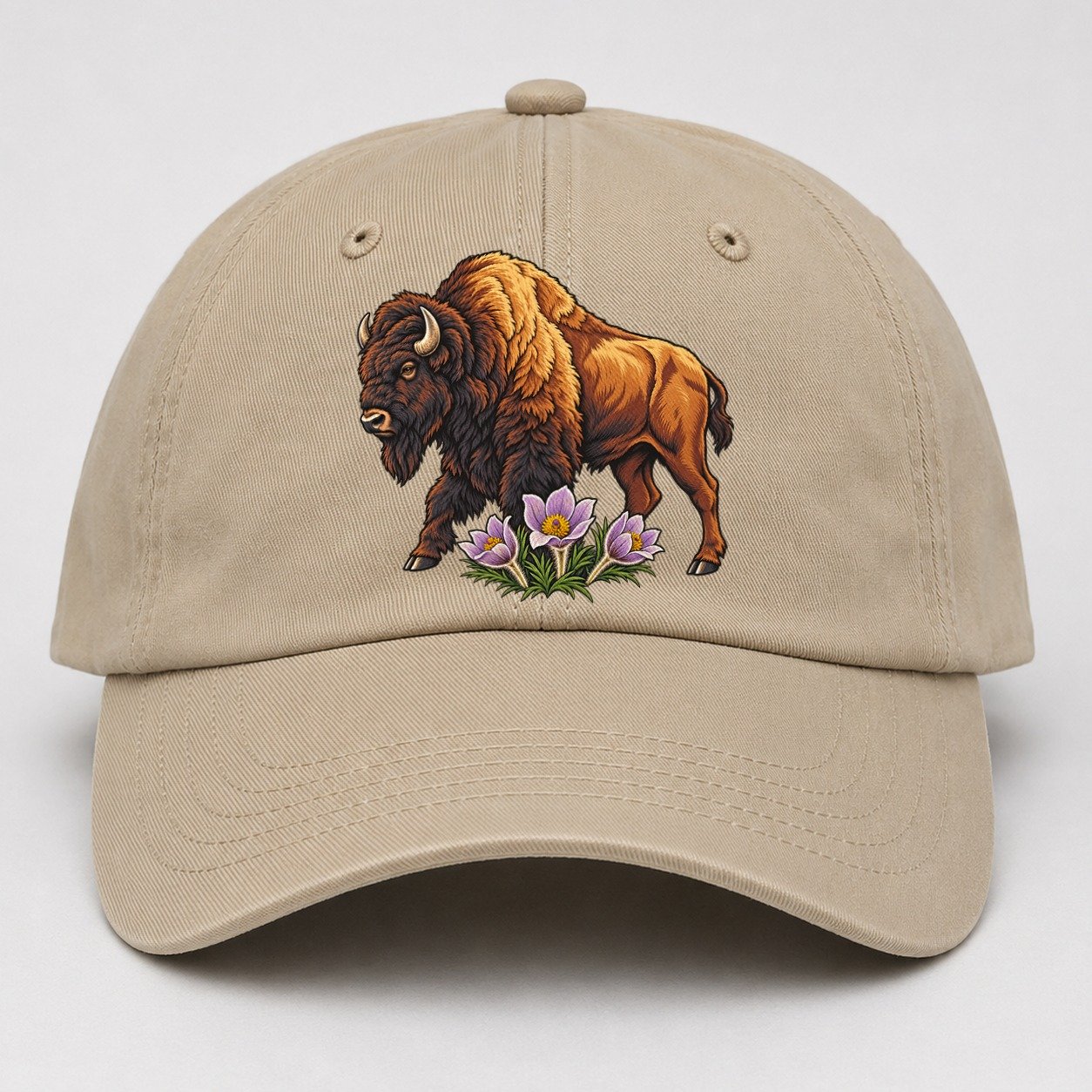 Wood Bison And Prairie Crocus Canada Cultural Icons Baseball Cap – Khaki