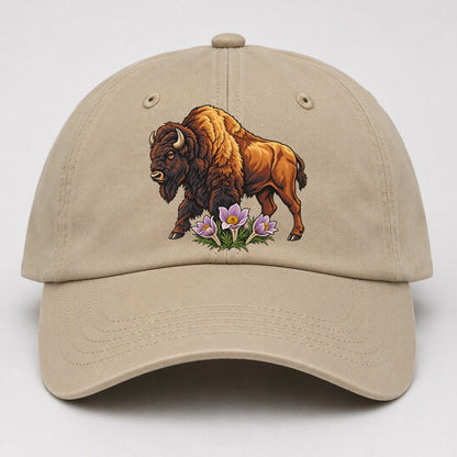 Wood Bison And Prairie Crocus Canada Cultural Icons Baseball Cap – Khaki