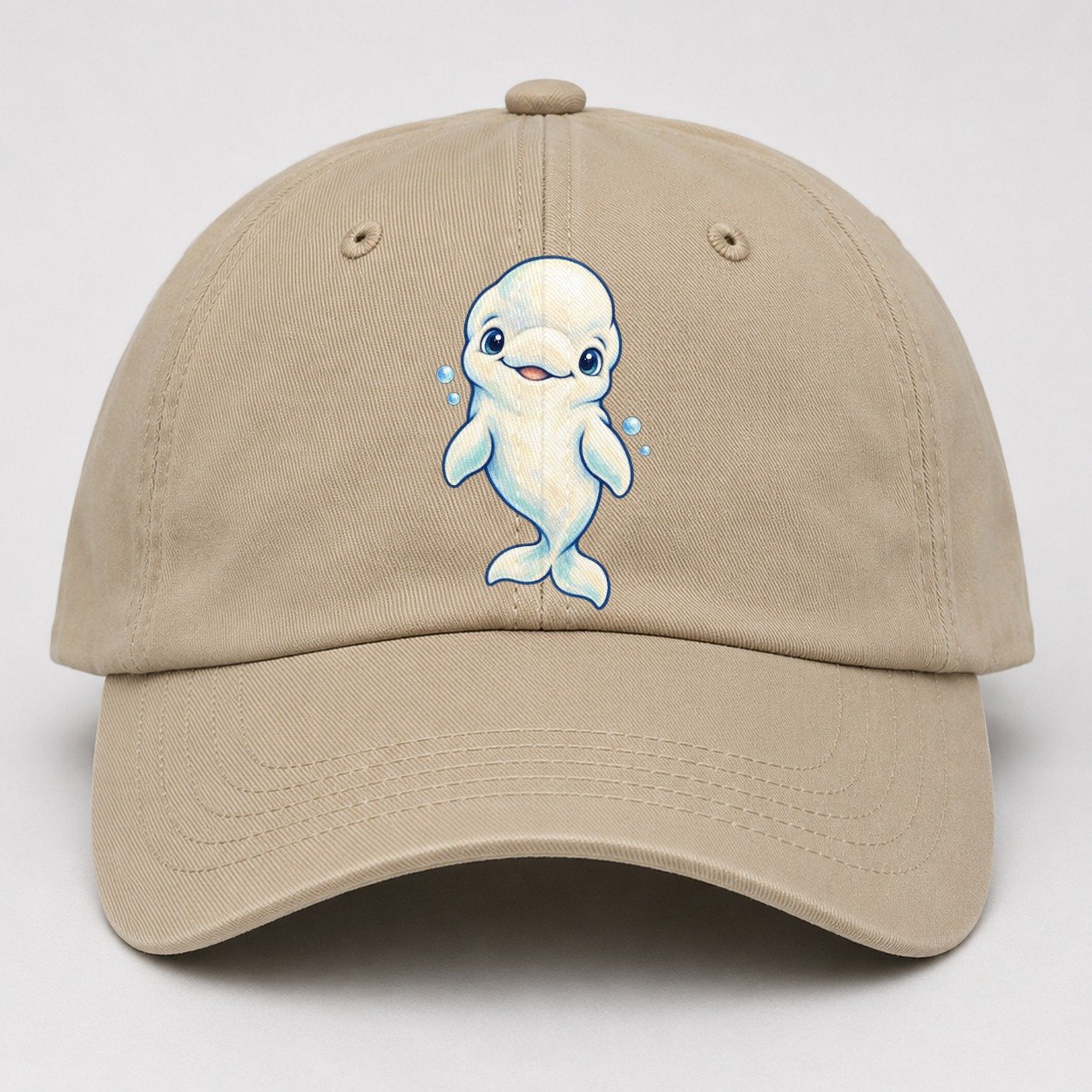 Beluga Whale Front Smile Sea Sprite Baseball Cap – Khaki