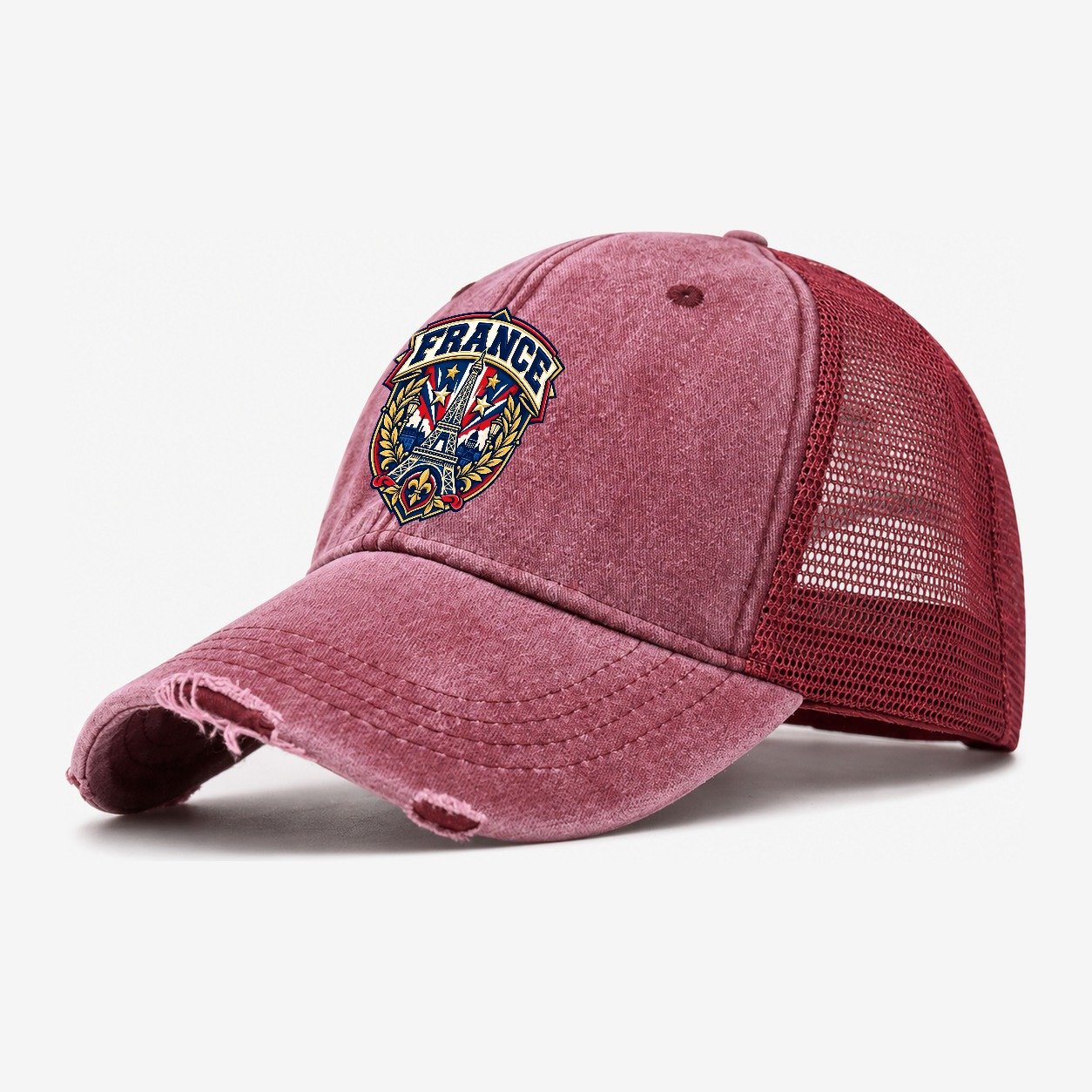 France Retro Badge Country Logos Washed Trucker Hat – Wine Red