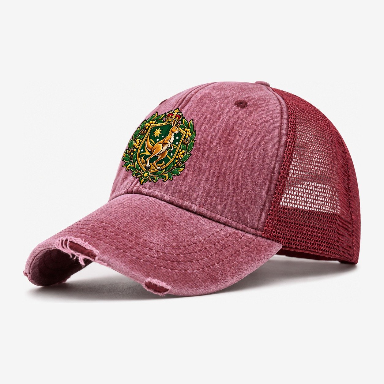 Australia Heraldic Crest Country Logos Washed Trucker Hat – Wine Red