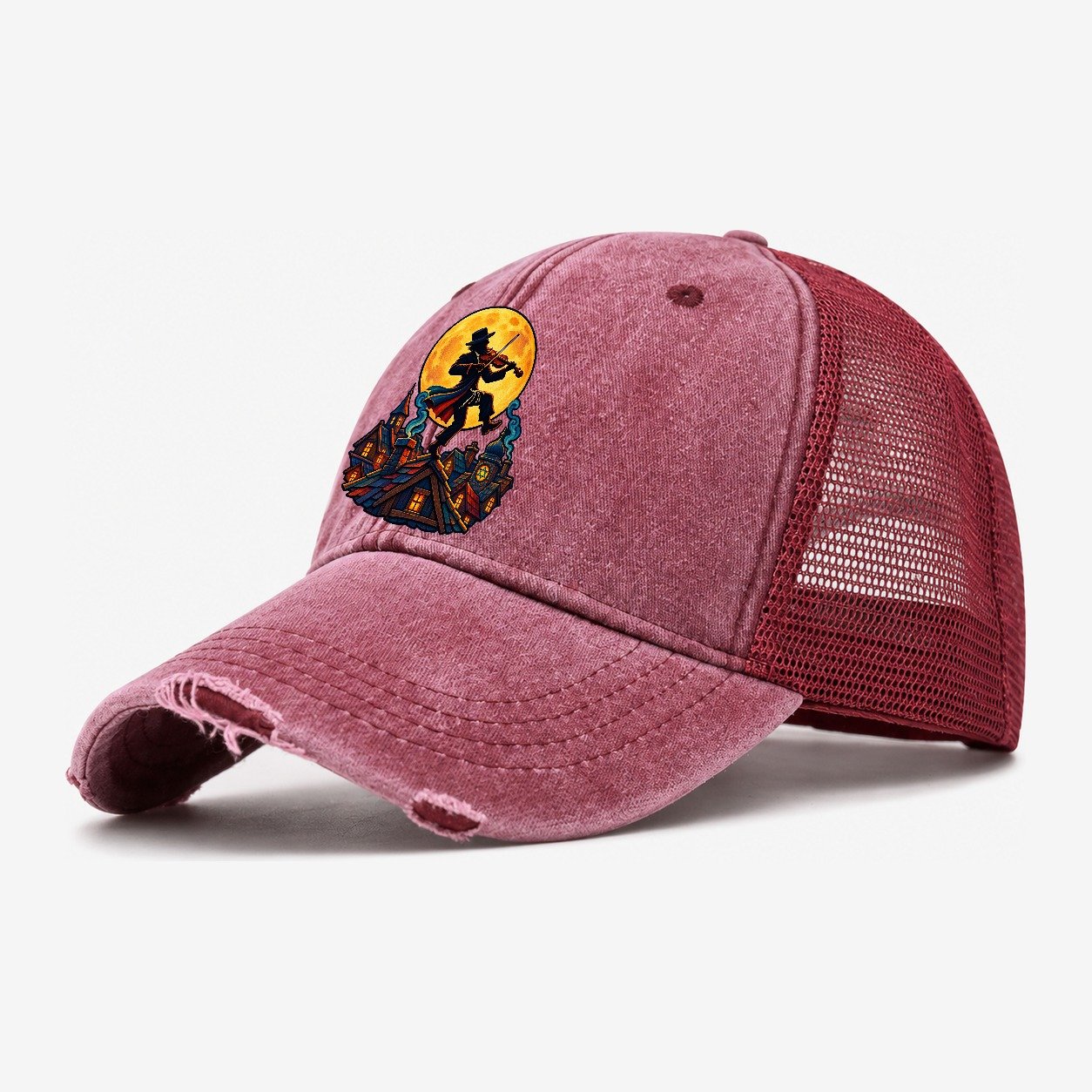 Shtetl Fiddler Roof Judaism Heritage Washed Trucker Hat – Wine Red