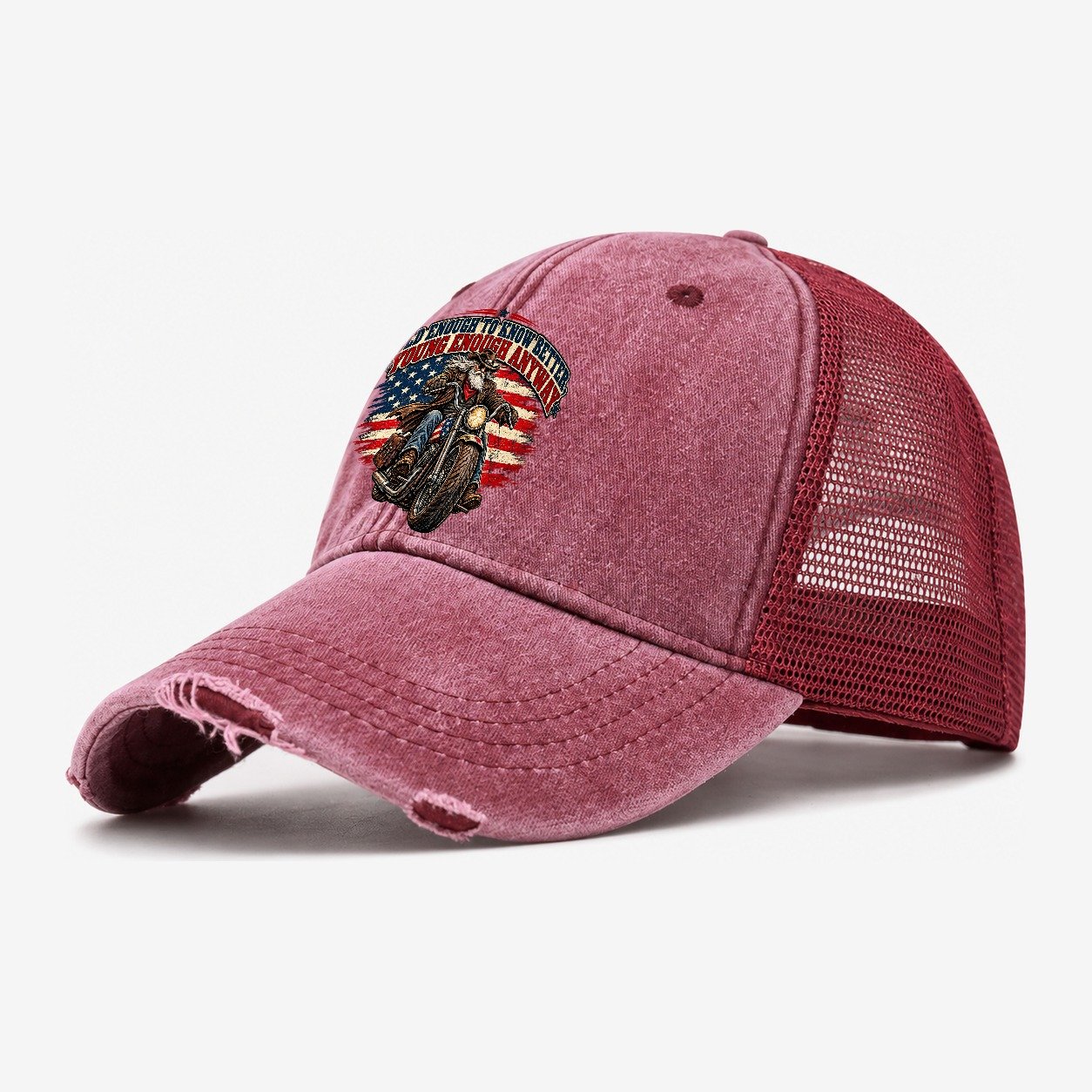 Old Enough To Know Better Young Enough Anyway Old Man Strong Washed Trucker Hat – Wine Red