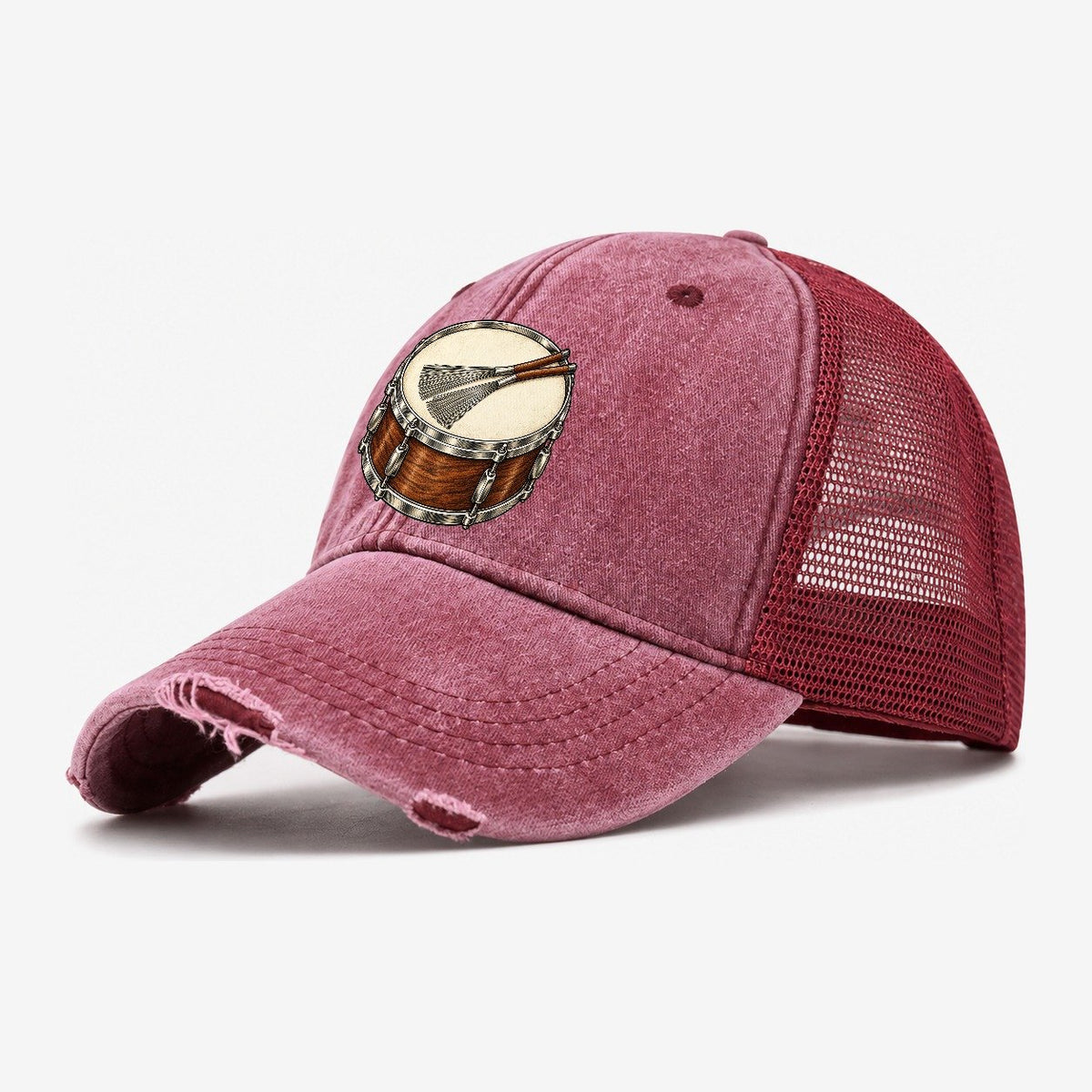 Snare With Resting Brushes Pastimes Companions Washed Trucker Hat – Wine Red