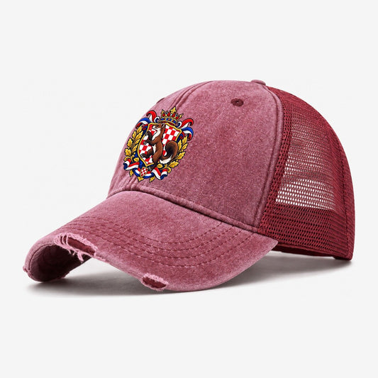 Croatia Heraldic Crest Country Logos Washed Trucker Hat – Wine Red