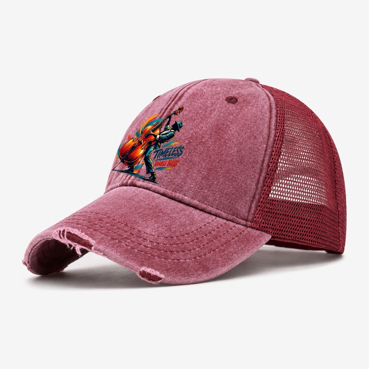 Timeless Double Bass Music Instruments Washed Trucker Hat – Wine Red