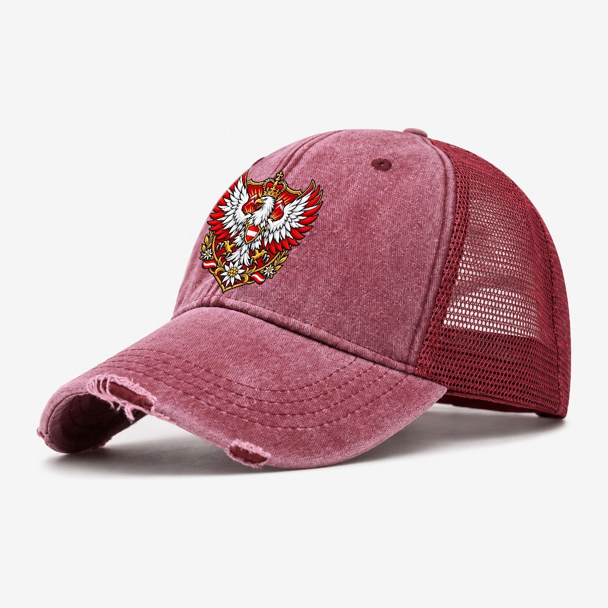 Austria Heraldic Crest Country Logos Washed Trucker Hat – Wine Red