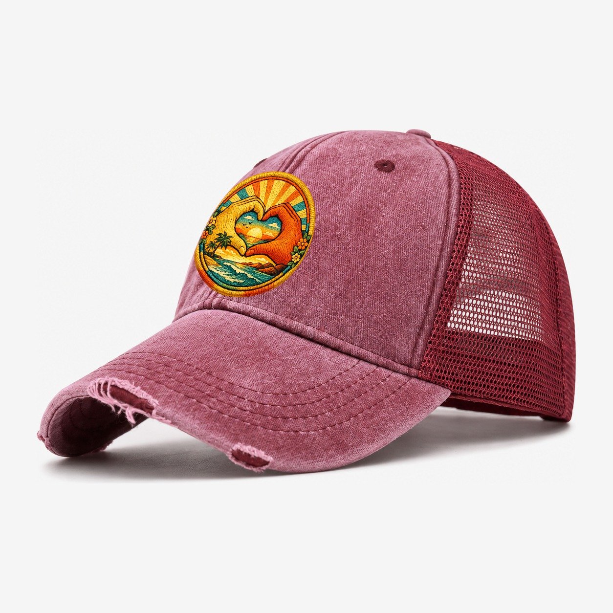 Golden Peace Washed Trucker Hat – Wine Red