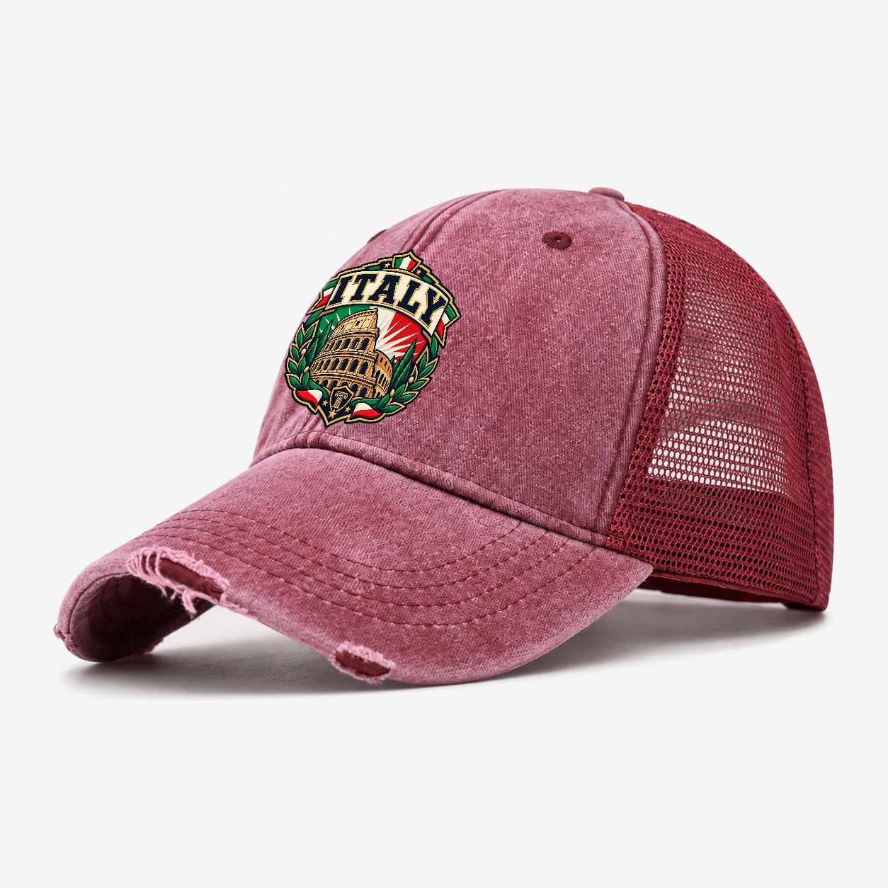 Italy Retro Badge Country Logos Washed Trucker Hat – Wine Red