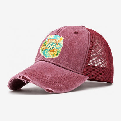 Route 66 Highway Shield Washed Trucker Hat – Wine Red